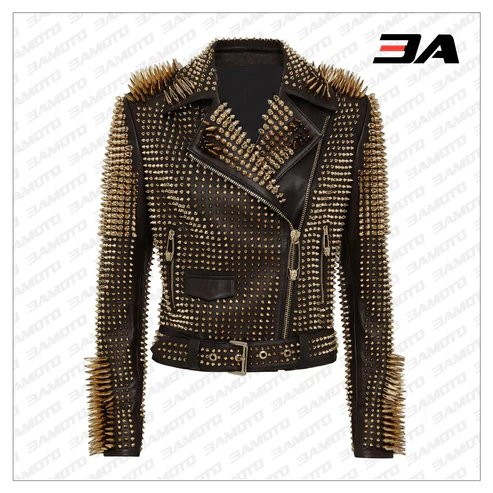 Black Leather Golden Spike Studded Punk Style Biker Jacket