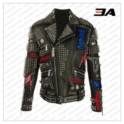 Biker Rock Studded and Embroidered Leather Jacket