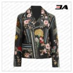 Rose Handpainted Silver Studded Biker Jacket