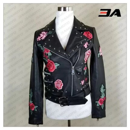 Embellished Silver Studded Embroidered Leather Jacket