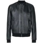 Mens Black Designer Metal Studded Bomber Jacket