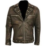 Mens Distressed Brown Embroidery Snakes Studded Leather Jacket