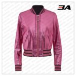 Pink Metallic Bomber Studded Biker Jacket