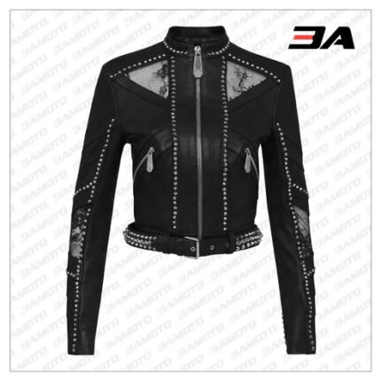 Black Lambskin Spike-Studded Biker Jacket