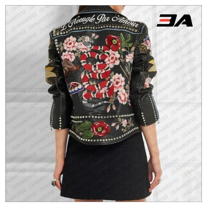 Rose Handpainted Silver Studded Biker Jacket