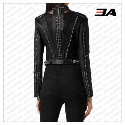 Black Lambskin Spike-Studded Biker Jacket