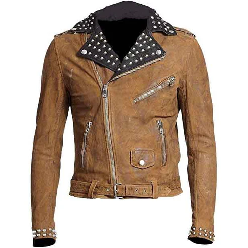 Mens Brown Suede Leather Studded Biker Jacket