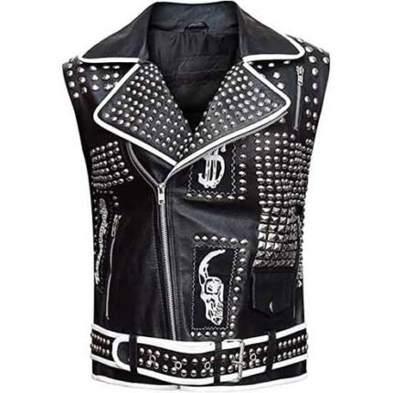 Mens Black Leather Studded Biker Vest