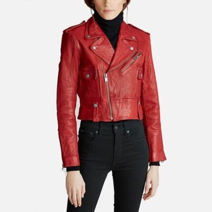 Women Moto Real Red Leather Jacket