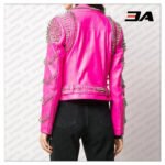 Pink Lambskin Leather Studded Biker Jacket