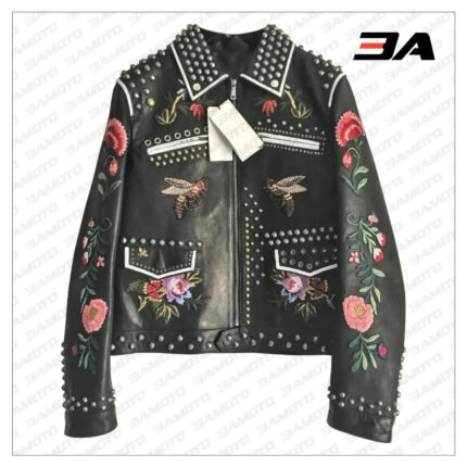 Embellished Studded Floral Embroidered Leather Jacket