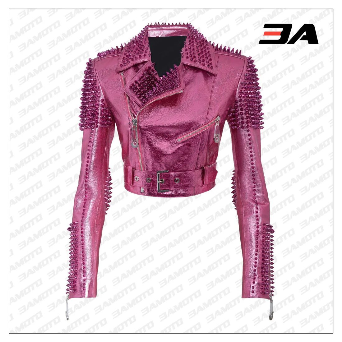 Pink Metallic Studded Biker Jacket