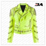 Green Leather Studded Biker Jacket