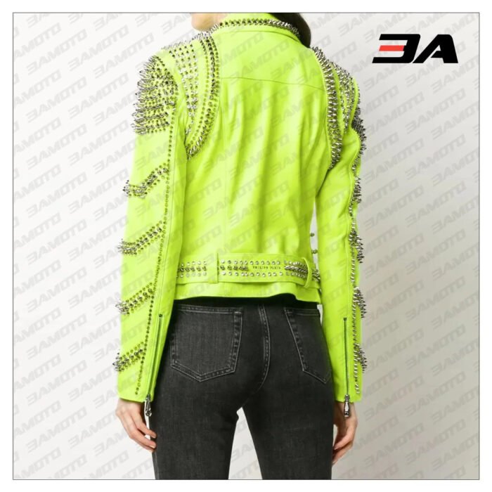 Green Leather Studded Biker Jacket