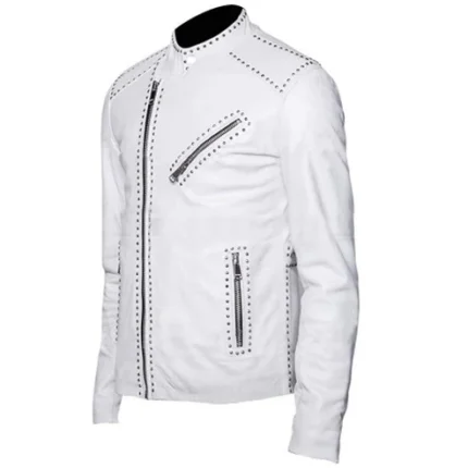 Mens White Classic Brando Studded Leather Jacket