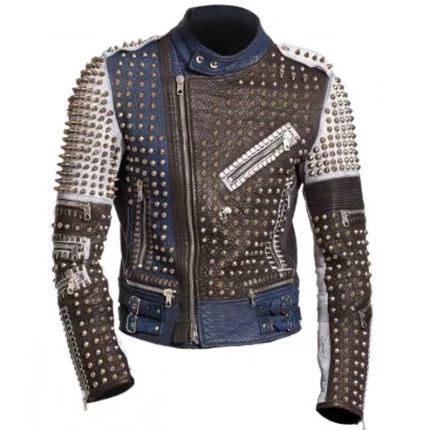 Mens Golden Studded Motorcycle Leather Jacket in Multi Color