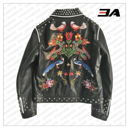 Embellished Studded Floral Embroidered Leather Jacket