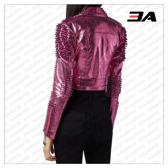 Pink Metallic Studded Biker Jacket