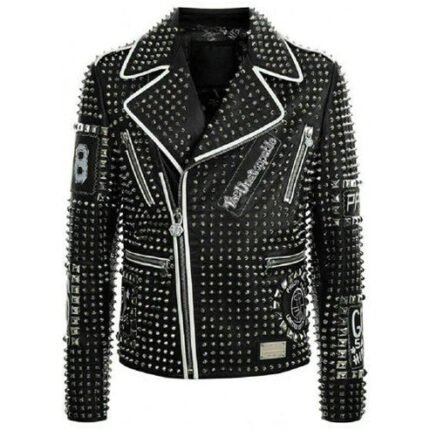 Men Brando Studded Multi Patches Punk Leather Jacket in Black