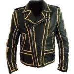 Mens Black Punk Gold Long Spiked Studded Leather Jacket