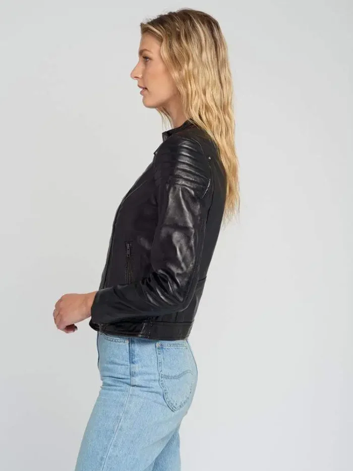 Hayley Black Quilted Cafe Racer Leather Jacket