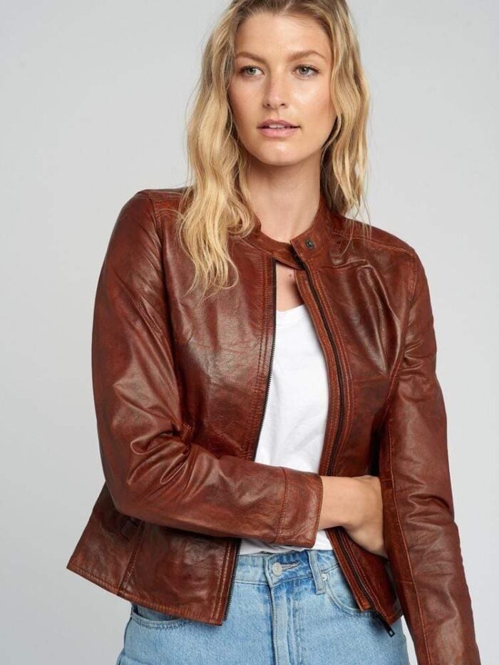 Jessy Brown Cafe Race Stand Collar Leather Jacket