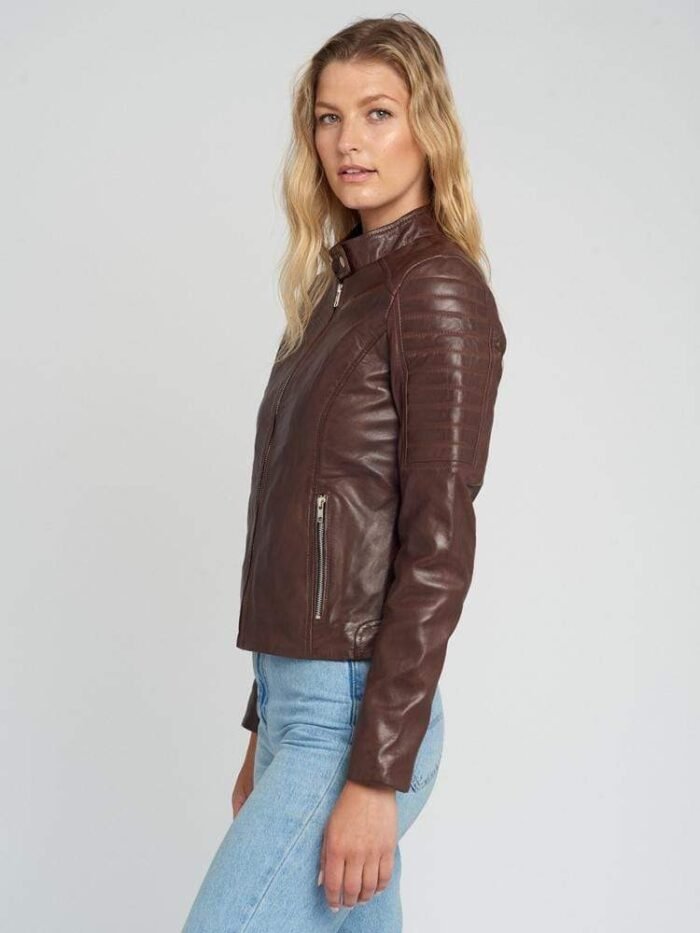 Hayley Brown Quilted Cafe Racer Leather Jacket