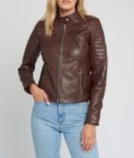 Hayley Brown Quilted Cafe Racer Leather Jacket