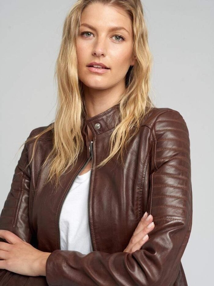 Hayley Brown Quilted Cafe Racer Leather Jacket