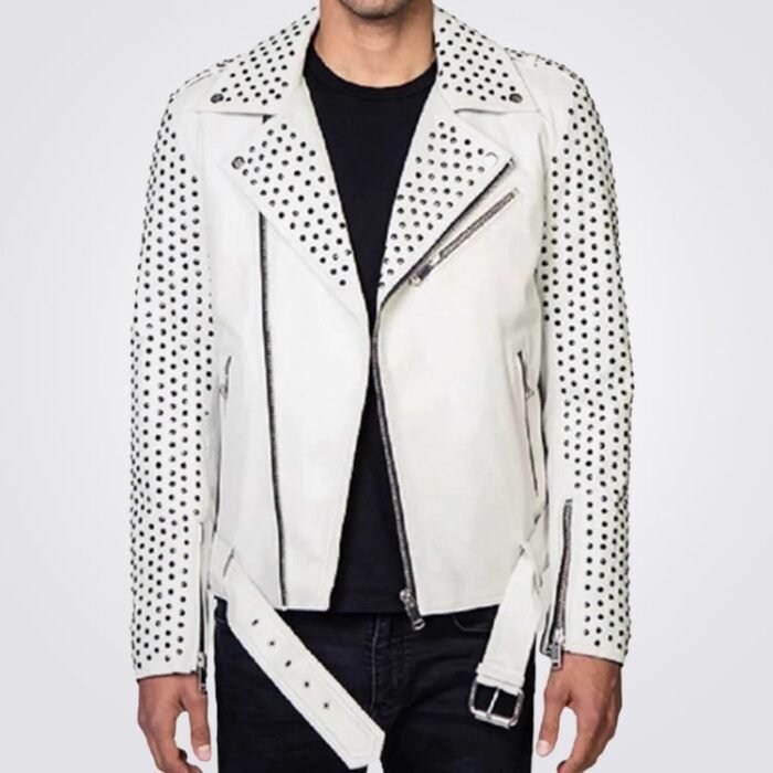 Men White Biker Leather Jacket Belt with Silver Studs