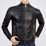 New Black Soft Cowhide Leather Studded Jacket for Men