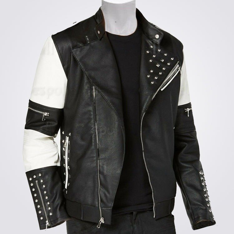 New Men's Black Silver Studded Punk Rock Cowhide Biker Leather Jacket Belted