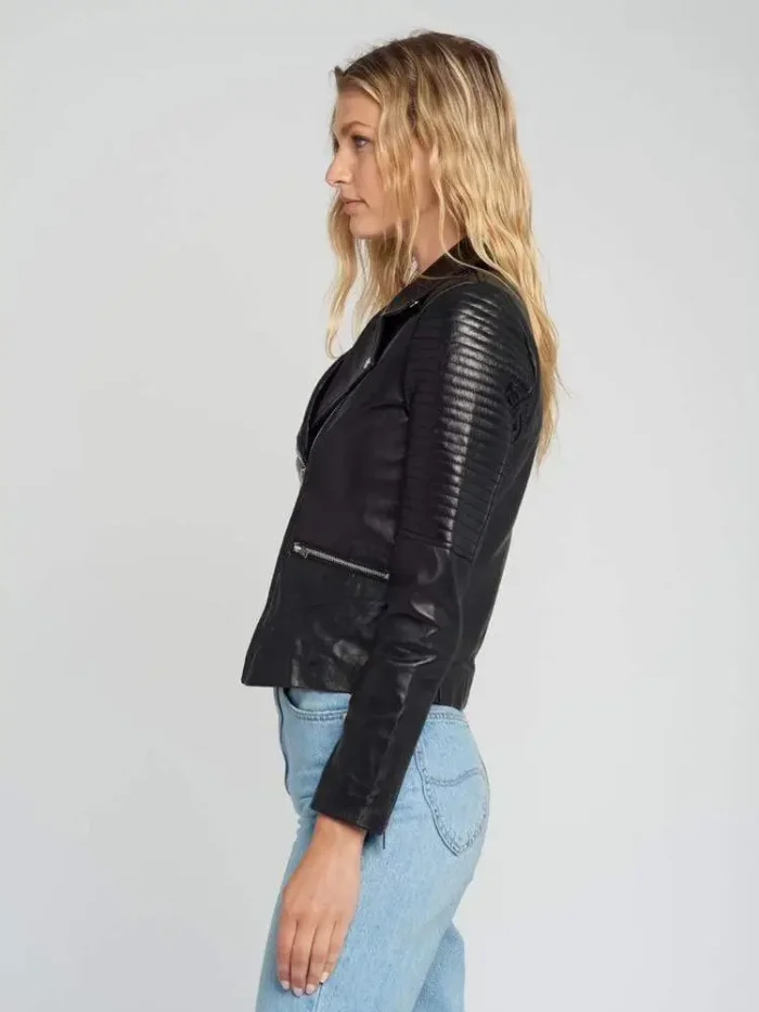 Ella Quilted Hands Black Biker Leather Jacket