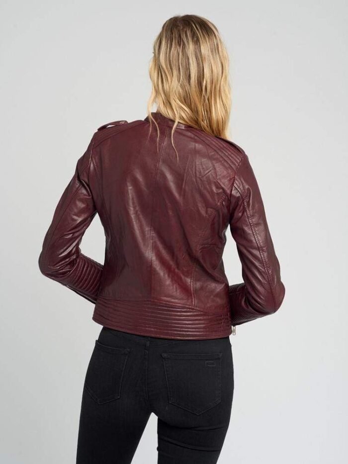 Women Dark Maroon Asymmetric Cafe Racer Leather Jacket