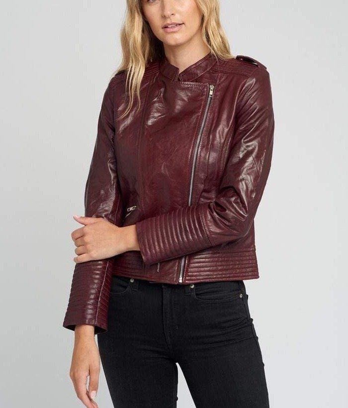 Women Dark Maroon Asymmetric Cafe Racer Leather Jacket