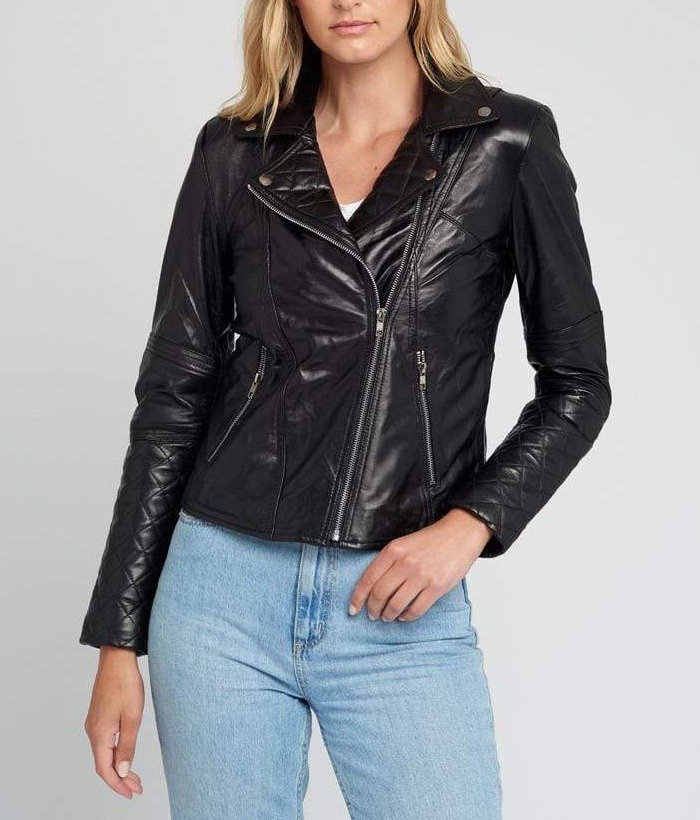 Women Asymmetrical Quilted Black Motorcycle Leather Jacket