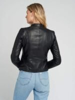 Women Black Quilted Standing Collar Leather Jacket