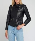 Women Black Quilted Standing Collar Leather Jacket