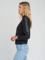 Women Black Quilted Standing Collar Leather Jacket