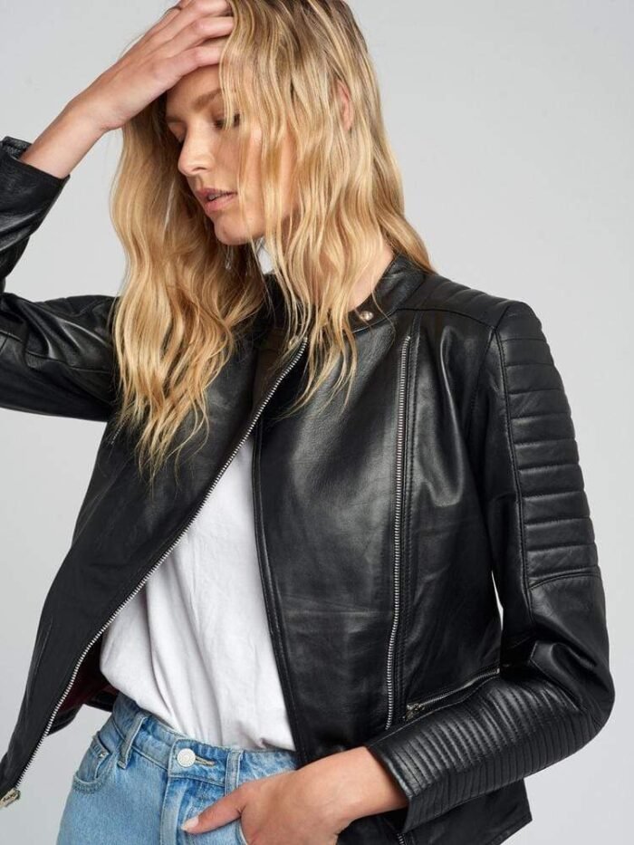 Women Black Quilted Standing Collar Leather Jacket