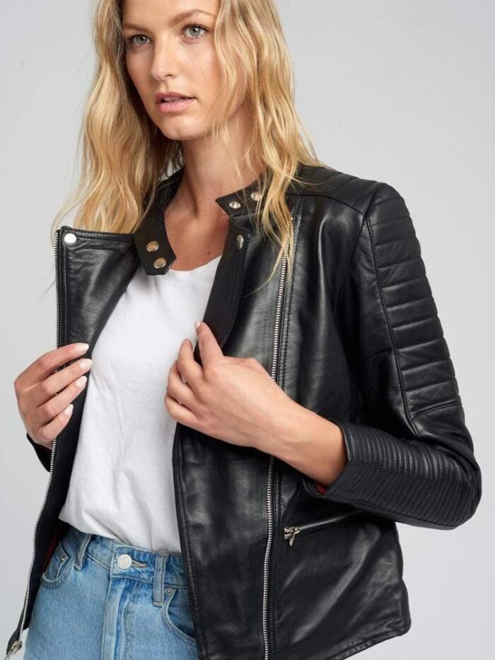 Women Black Quilted Standing Collar Leather Jacket