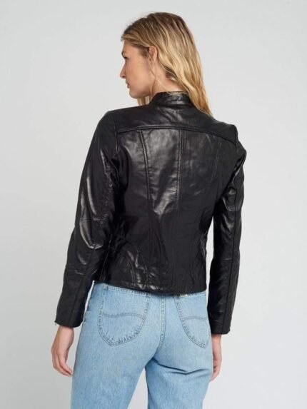 Womens Black Tab Collar Cafe Racer Black Leather Jacket