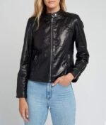 Womens Black Tab Collar Cafe Racer Black Leather Jacket