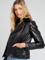 Womens Black Shearling Fur Collared Biker Leather Jacket