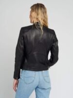 Women Quilted Shoulder Black Cafe Race Leather Jacket