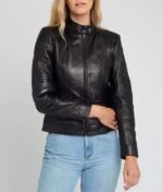 Women Quilted Shoulder Black Cafe Race Leather Jacket