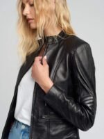 Women Quilted Shoulder Black Cafe Race Leather Jacket