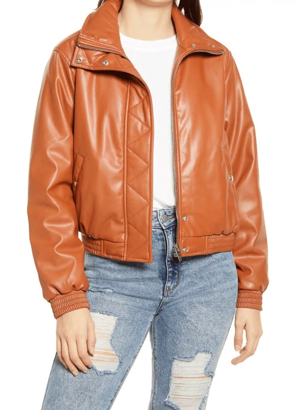 Women Brown Leather Bomber Jacket