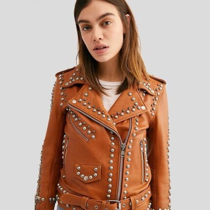 Women Studded Tan Leather Biker Jacket