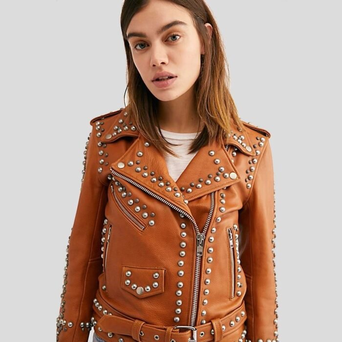 Women Studded Tan Leather Biker Jacket